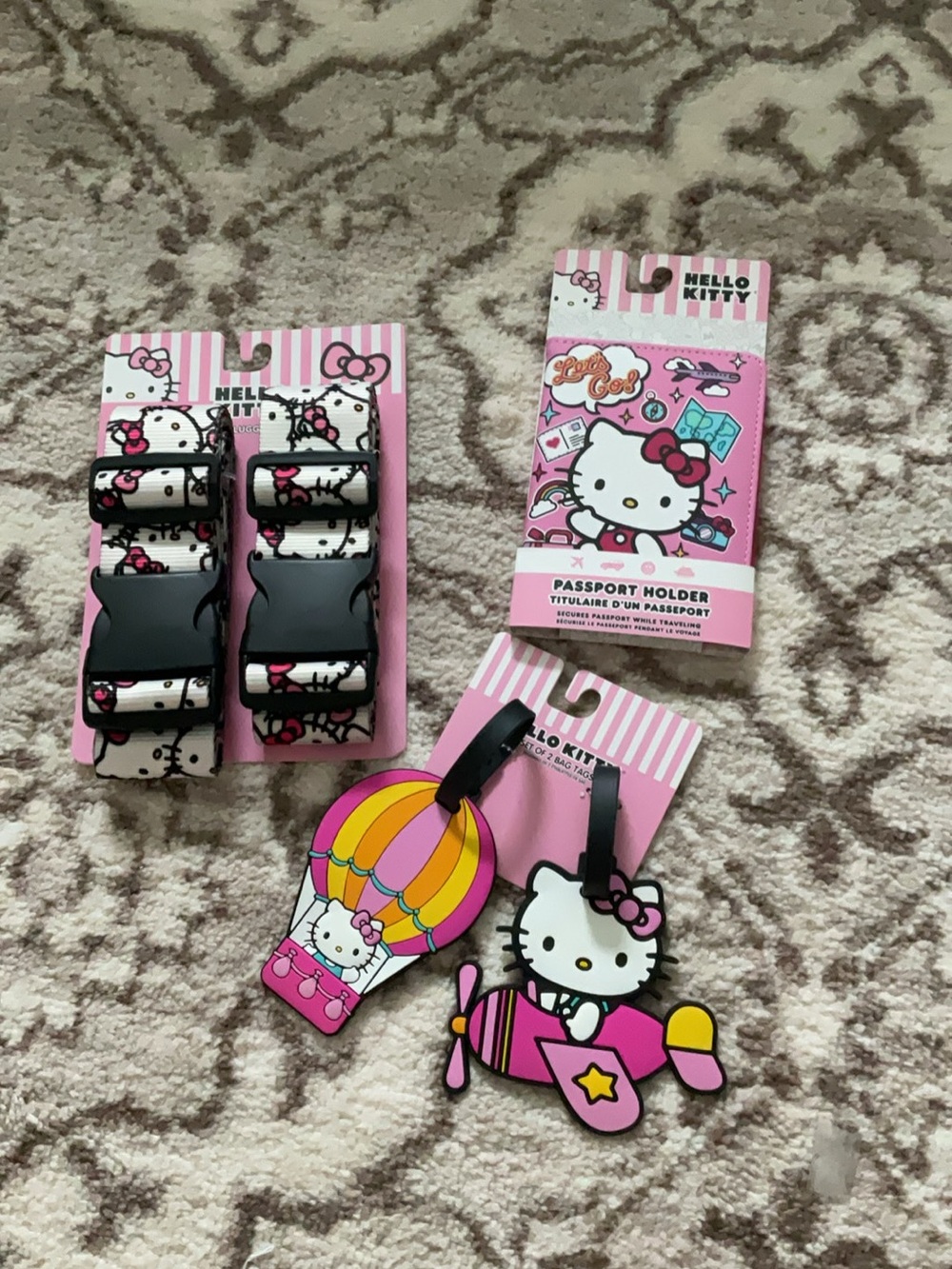 Hello Kitty Pink & White Kids Luggage Strap, Passport Holder & Luggage Tags Set